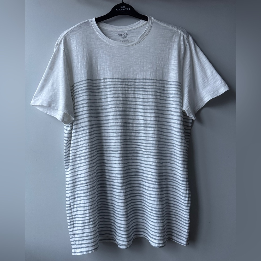 Vince Men's XXL Striped Essential Tee - 100% Peruvian Cotton - White/Grey